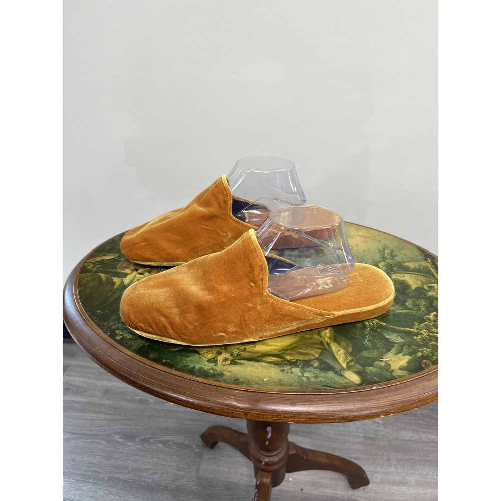 Lenys Italian Mustard Gold Velvet Plush Slippers Shoes with Storage Bag Size M